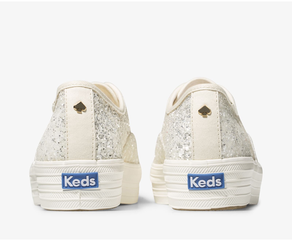 Womens Keds Sneakers - Kate Spade new york Triple Glitter - White - 5918-ZNVFK